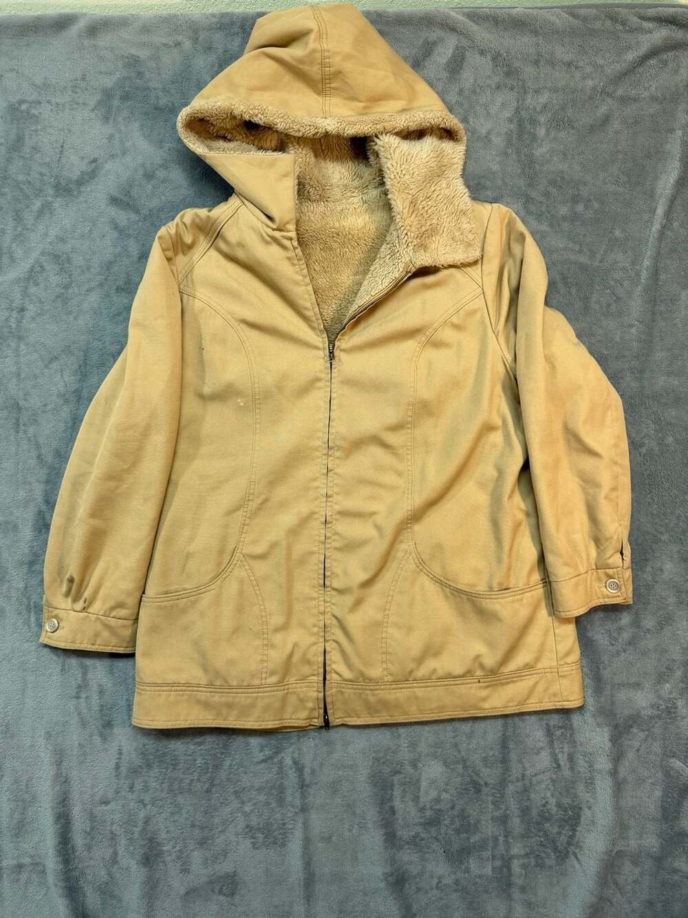 Lady Bonder Vintage Tan Faux Fur Lined Hooded Zip Up Jacket Coat Made in USA